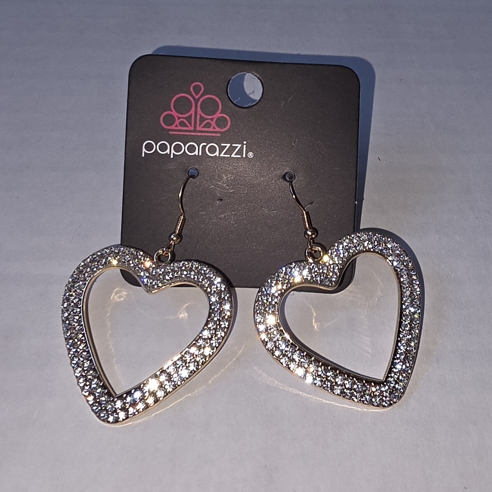 Paparazzi Gold Heart Openwork Crystal Drop Earrings